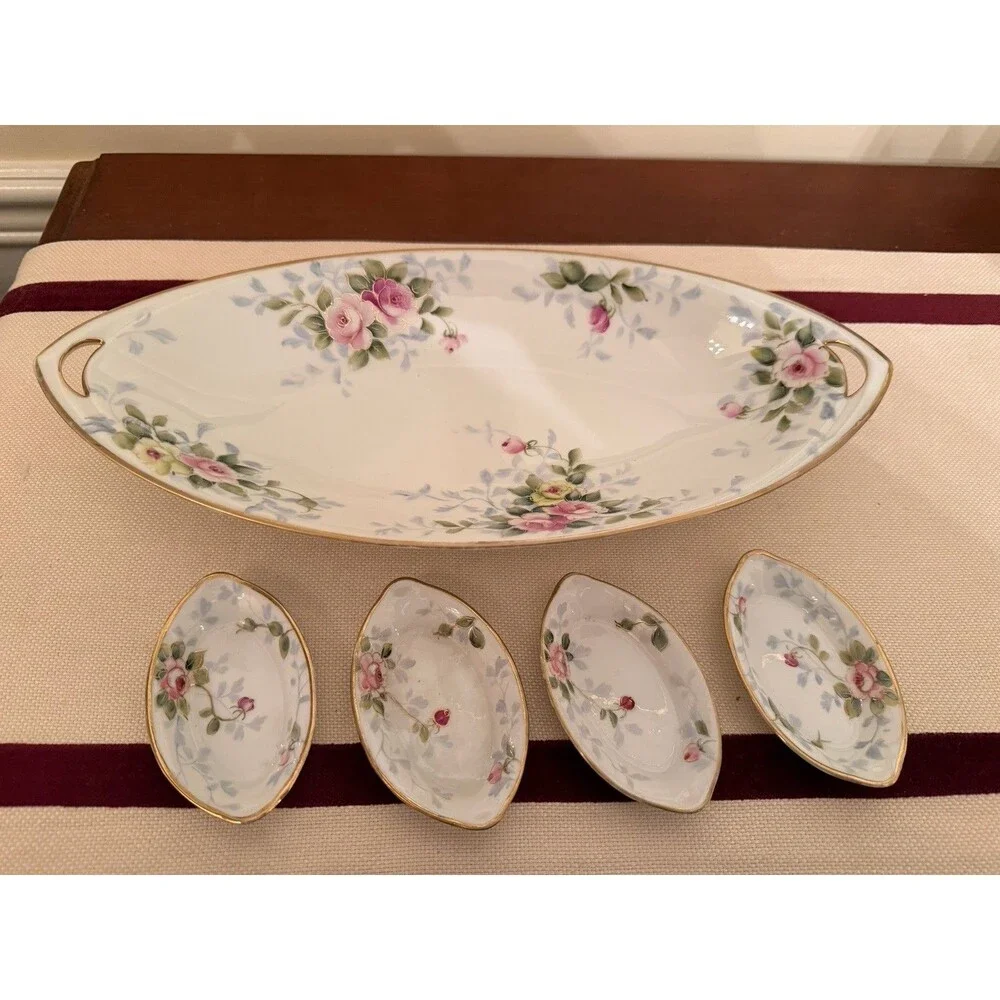 Vintage Hand-painted Nippon Porcelain Vegetable Dish & Open Salt Dishes Set